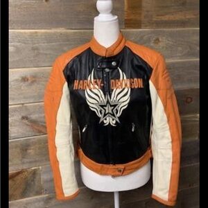 Harley Davidson Womens RAPID CITY Orange Black Star Racing Leather Jacket Small
